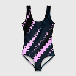 Женский купальник-боди Тёмно-синий с розовым искажённые полосы