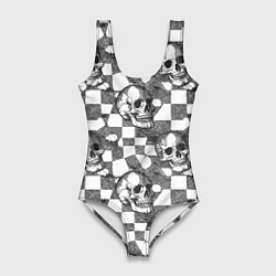 Купальник-боди 3D женский Черепа и клетчатый фон с дырами, цвет: 3D-принт