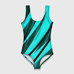 Женский купальник-боди Неоновый голубой с чёрным абстракция с полосами