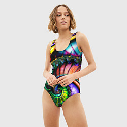 Купальник-боди 3D женский Фрактальный узор неоновый, цвет: 3D-принт — фото 2