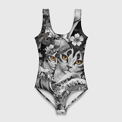 Купальник-боди 3D женский С котами и рыбой на фоне сакуры в волнах, цвет: 3D-принт