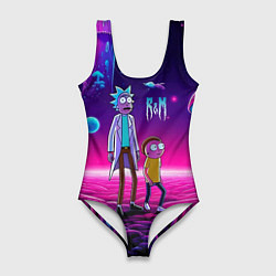 Купальник-боди 3D женский Морти и Рик на планете неоновых сказочных грибов, цвет: 3D-принт