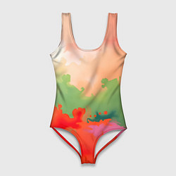 Купальник-боди 3D женский Красные и зеленые облака, цвет: 3D-принт