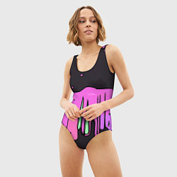 Купальник-боди 3D женский Фиолетовая текстура на черном фоне, цвет: 3D-принт — фото 2