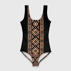 Женский купальник-боди Славянский золотой узор на черном - вышиванка руба