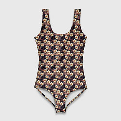Купальник-боди 3D женский Цветочный тёмно синий с нежным бежевым, цвет: 3D-принт