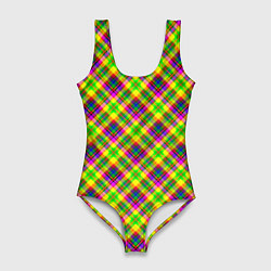 Купальник-боди 3D женский Желто синий клетчатый рубашечный узор, цвет: 3D-принт