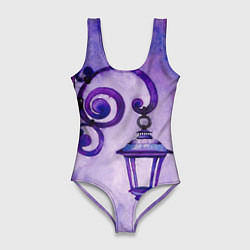 Купальник-боди 3D женский Уличный фиолетовый фонарь, цвет: 3D-принт