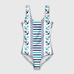Купальник-боди 3D женский Морской орнамент с якорями и полосками, цвет: 3D-принт