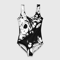 Купальник-боди 3D женский Чёрный с белой абстракцией, цвет: 3D-принт