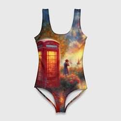 Купальник-боди 3D женский Пейзаж с красной телефонной будкой, цвет: 3D-принт