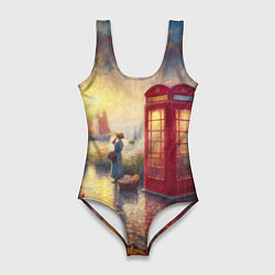 Купальник-боди 3D женский Женщина у телефонной будки на набережной, цвет: 3D-принт