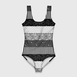 Купальник-боди 3D женский Черно белый полосатый узор из лоскутов, цвет: 3D-принт