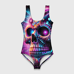Купальник-боди 3D женский Neon cyber skull, цвет: 3D-принт