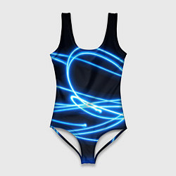 Женский купальник-боди Неоновые голубые волны на черном фоне