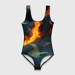 Купальник-боди 3D женский Огонь на камуфляжной ткани, цвет: 3D-принт