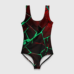 Купальник-боди 3D женский Битые плиты тёмно-красный с зелёным, цвет: 3D-принт