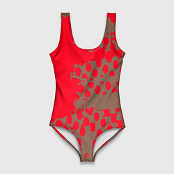 Купальник-боди 3D женский Абстрактные алые пятна на цвете какао, цвет: 3D-принт