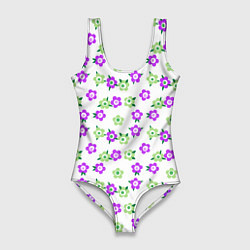 Купальник-боди 3D женский Зеленые фиолетовые цветы на белом фоне, цвет: 3D-принт