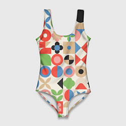 Купальник-боди 3D женский Геометрический узор с цветочными элементами - ретр, цвет: 3D-принт