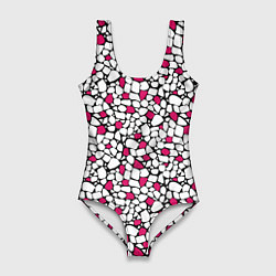 Купальник-боди 3D женский Мелкий красно белый мозаичный узор на черном, цвет: 3D-принт