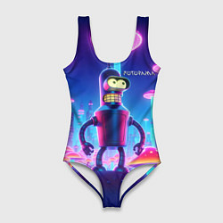 Купальник-боди 3D женский Робот-сгибальщик Бендер в неоновом грибном мегапол, цвет: 3D-принт