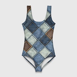 Купальник-боди 3D женский Джинсовый пэчворк ромбовый узор, цвет: 3D-принт