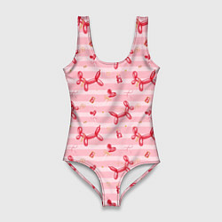 Женский купальник-боди Красные шарики-собачки на розовых полосках