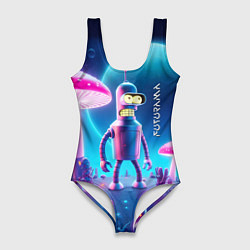 Купальник-боди 3D женский Робот-сгибальщик Бендер и неоновые грибы, цвет: 3D-принт