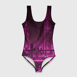 Купальник-боди 3D женский Городской пейзаж неоновый киберпанк, цвет: 3D-принт