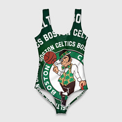 Купальник-боди 3D женский Бостон Селтикс логотип и надписи, цвет: 3D-принт