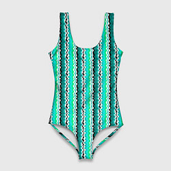 Женский купальник-боди Вертикальные бирюзовые зеленые волнистые полосы