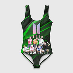 Купальник-боди 3D женский BTS на черно-зеленом фоне, цвет: 3D-принт