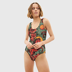 Купальник-боди 3D женский Красный конь и розы, цвет: 3D-принт — фото 2