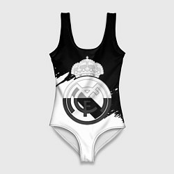 Купальник-боди 3D женский Реал Мадрид краски белые штрихи, цвет: 3D-принт