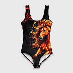 Купальник-боди 3D женский Огненный конь в русской хохломе, цвет: 3D-принт