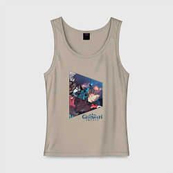 Майка женская хлопок Чжун Ли, Тарталья, Кадзуха, цвет: миндальный