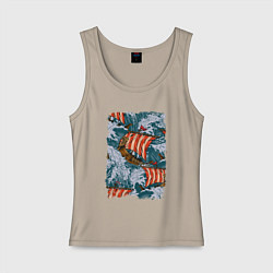 Майка женская хлопок Драккары Морской бой, цвет: миндальный