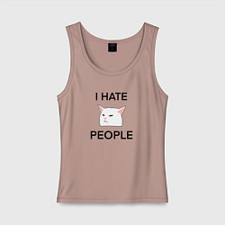 Майка женская хлопок I hate people, текст с белым котом, цвет: пыльно-розовый