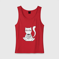 Майка женская хлопок Белый кот с кофе, цвет: красный