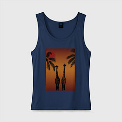 Майка женская хлопок Жирафы и пальмы на закате, цвет: тёмно-синий