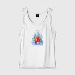 Майка женская хлопок Динозавр с новогодними подарками поет в лесу, цвет: белый