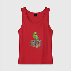 Женская майка Зеленый попугай на сундуке с сокровищами
