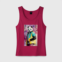 Майка женская хлопок Панда в модной куртке - акварель, цвет: маджента