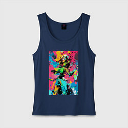 Майка женская хлопок Девушка в наушниках кайфует от музыки - импрессион, цвет: тёмно-синий