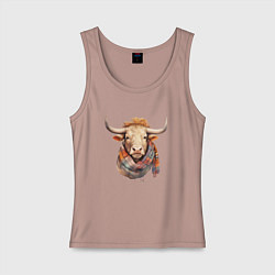 Майка женская хлопок Бык в шарфе осень, цвет: пыльно-розовый