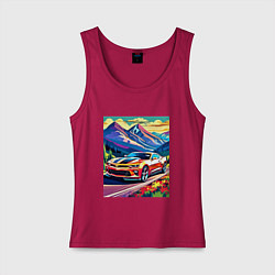 Майка женская хлопок Авто на фоне гор, цвет: маджента