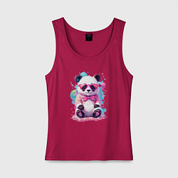 Майка женская хлопок Милая панда в розовых очках и бантике, цвет: маджента