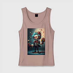 Майка женская хлопок Страшный клоун с шарами и цветами праздник, цвет: пыльно-розовый