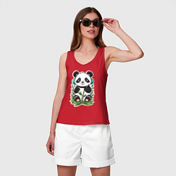 Майка женская хлопок Медвежонок панды в наушниках, цвет: красный — фото 2